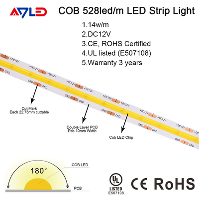 12V 24V Dotless COB LED Strip Light Chip Fleksibel On Board Dimmable 10mm